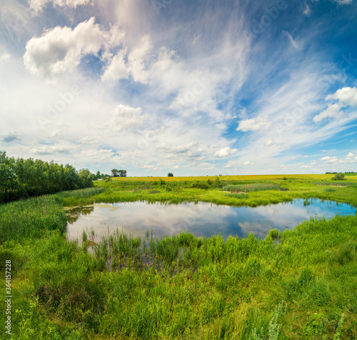 Rural spring landscape with pond and beautiful sky