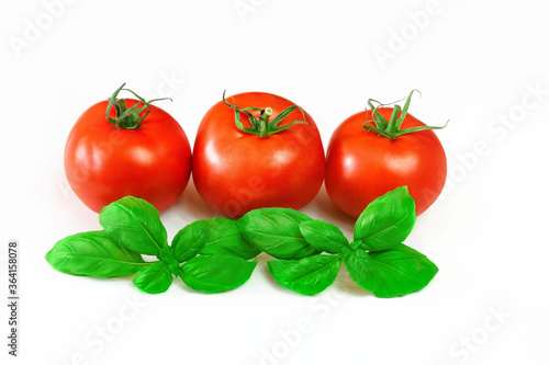 Dojrzałe, czerwone pomidory otoczone liśćmi bazylii na białym tle