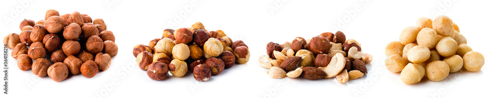 Set nuts, hazelnuts and macadami isolated on white background Set nuts, hazelnuts and macadami isolated on white background