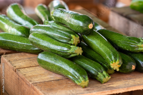 Fresh zucchini (summer squash) on sale at a local organic farmers market. Delicious locally-sourced produce for a healthier lifestyle.