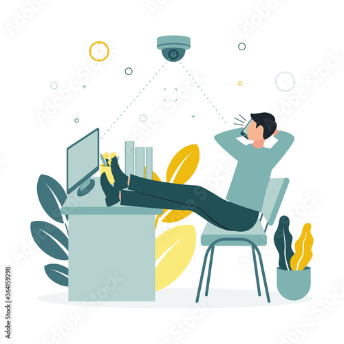 CCTV. A vector illustration of a surveillance camera taking pictures of how an employee leaned back in his chair, put his legs on the table and speaks on the phone. The employee does not do the work.