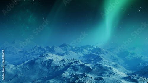 3d rendered Space Art  Alien Planet - A Fantasy Landscape with blue skies and Aurora Borealis