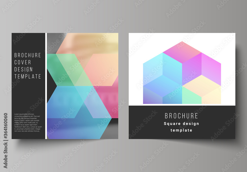 Vector layout of two square format covers design templates with abstract shapes and colors for brochure, flyer, magazine, cover design, book design, brochure cover.