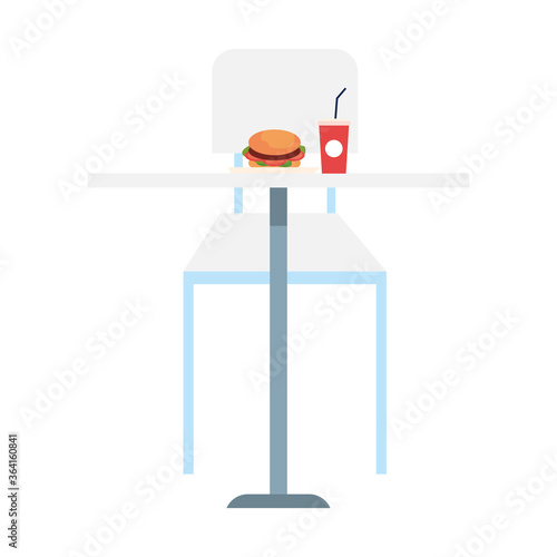 hamburger with beverage in table, with chair furniture, on white background vector illustration design