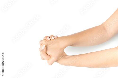 Carpal massage. Woman hand therapy, carpal tunnel syndrome protection. Female finger exercise, stretch therapy for pain wrist protective isolated on white background. Healthy yoga, exercise.