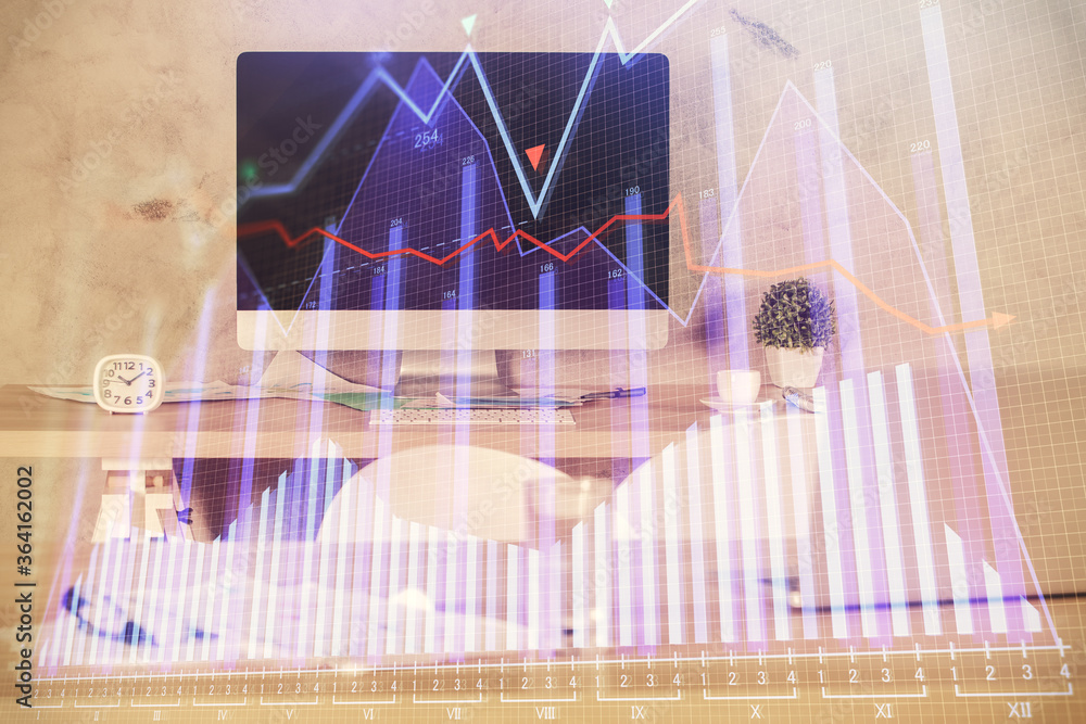 Multi exposure of financial graph drawing and office interior background. Concept of market analysis. Multi exposure of financial graph drawing and office interior background. Concept of market analysis.