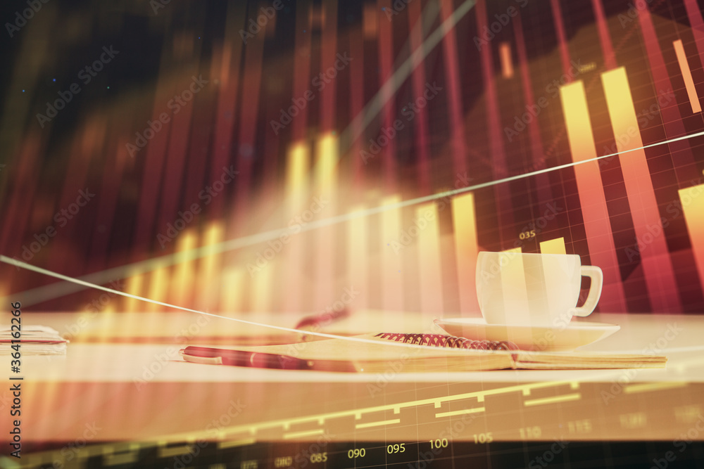 Multi exposure of forex graph drawing and desktop with coffee and items on table background. Concept of financial market trading Multi exposure of forex graph drawing and desktop with coffee and items on table background. Concept of financial market trading