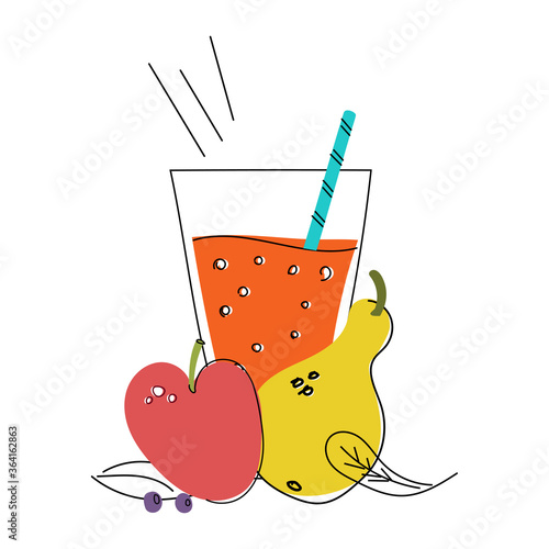 Hand drawn vector illustration of a glass with juice, smoothie on a white background. Cocktail tube. The drinks. Pear, apple, berries, leaves. Detox. Diet. Healthy lifestyle, food. Doodle. Clipart