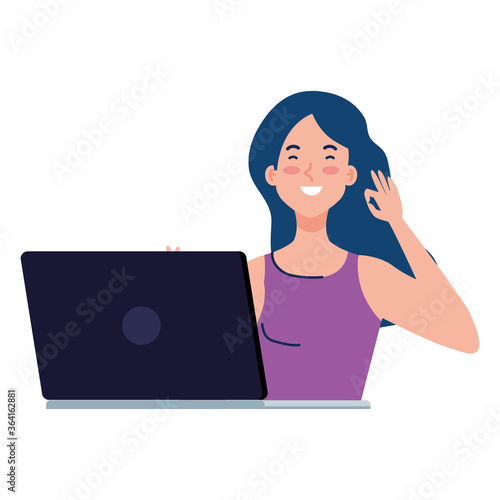 online party, woman with laptop, have online party in quarantine, party web camera online holiday vector illustration design