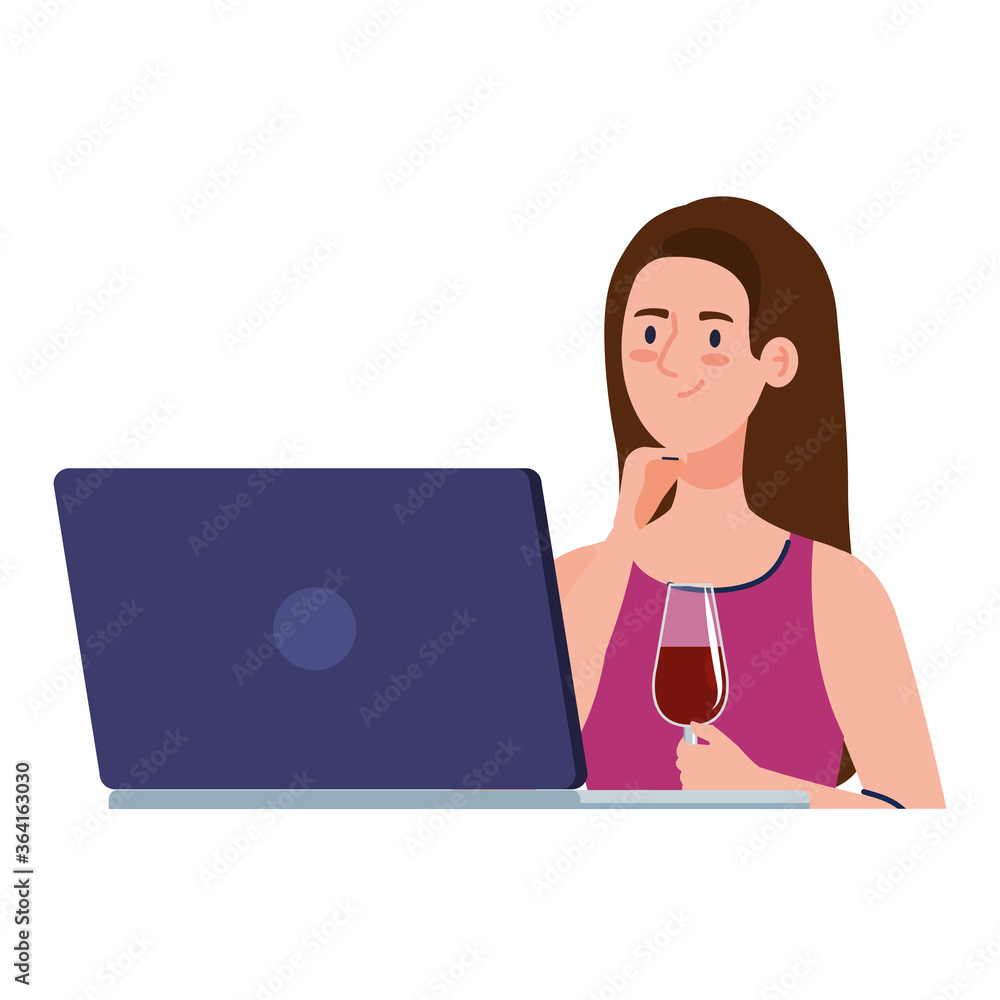 online party, woman with laptop, have online party in quarantine, party web camera online holiday vector illustration design online party, woman with laptop, have online party in quarantine, party web camera online holiday vector illustration design