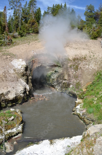 Late Spring in Yellowstone National Park: Steam Plume From Dragon's Mouth Spring in the Mud Volcano Area Along the Grand Loop Road
