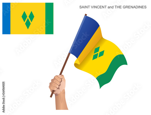 Flag of the State of Saint Vincent and the Grenadines hoisted with a stick held in hand to inflame the spirit of state