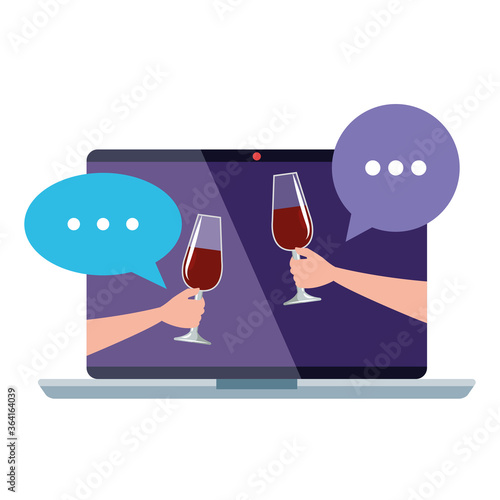 hands with cups wine in laptop, online party concept on white background vector illustration design