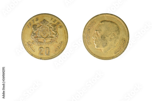 Morocco 20 Santimat or centimes of Dirham currency year 1974 obverse and reverse side on white background macro close up