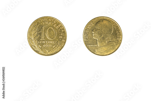 French 10 Centimes coin Franc currency year 1993 obverse and reverse side on white background macro close up
