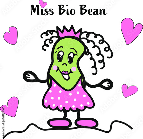 An imagined character, doodle, digitally painted, Miss Bio Bean, vector illustration for children’s fashion, books, postcards, brochures,  toys.