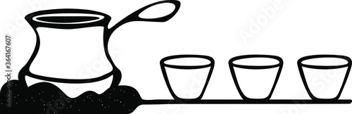 Turkish coffee cup in sand and three cups waiting for coffee to prepare. Making coffee in sand eastern way, doodle illustration