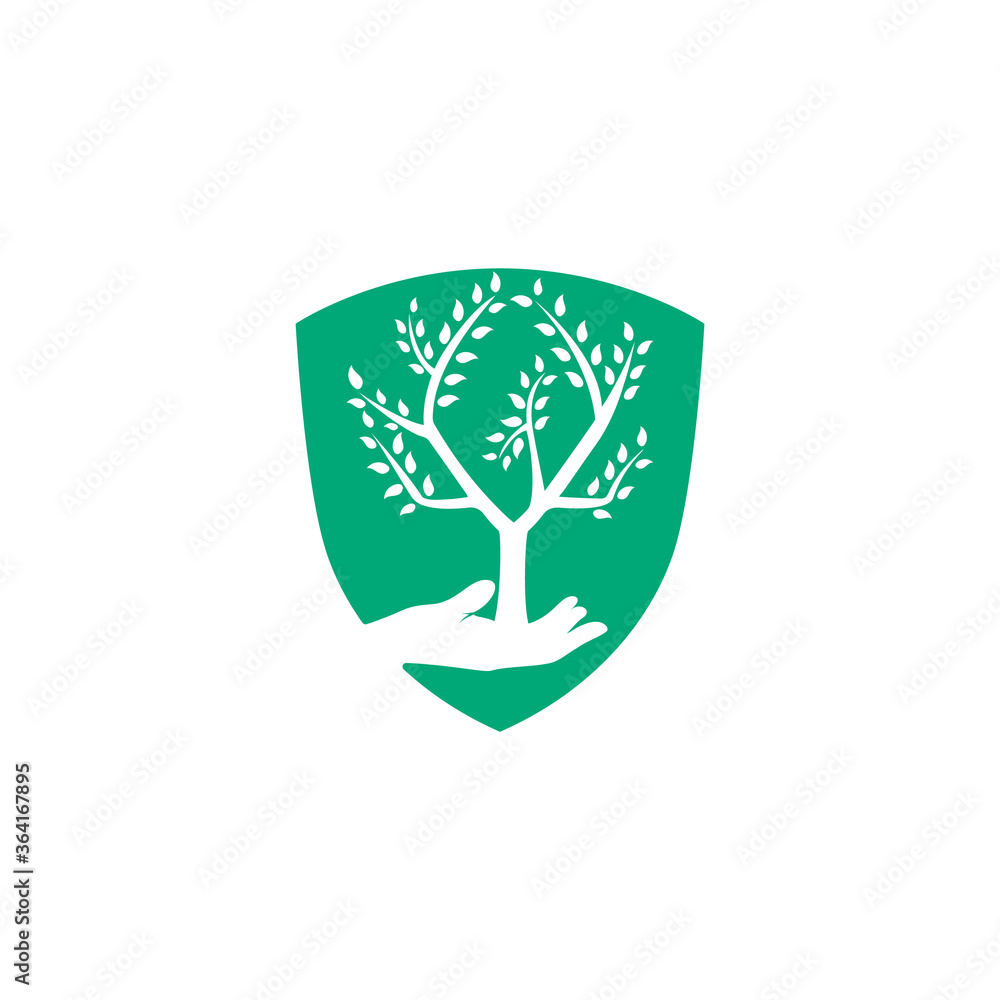 Tree in hand shield vector logo design. Natural shield products logo. Cosmetics icon. Spa logo.