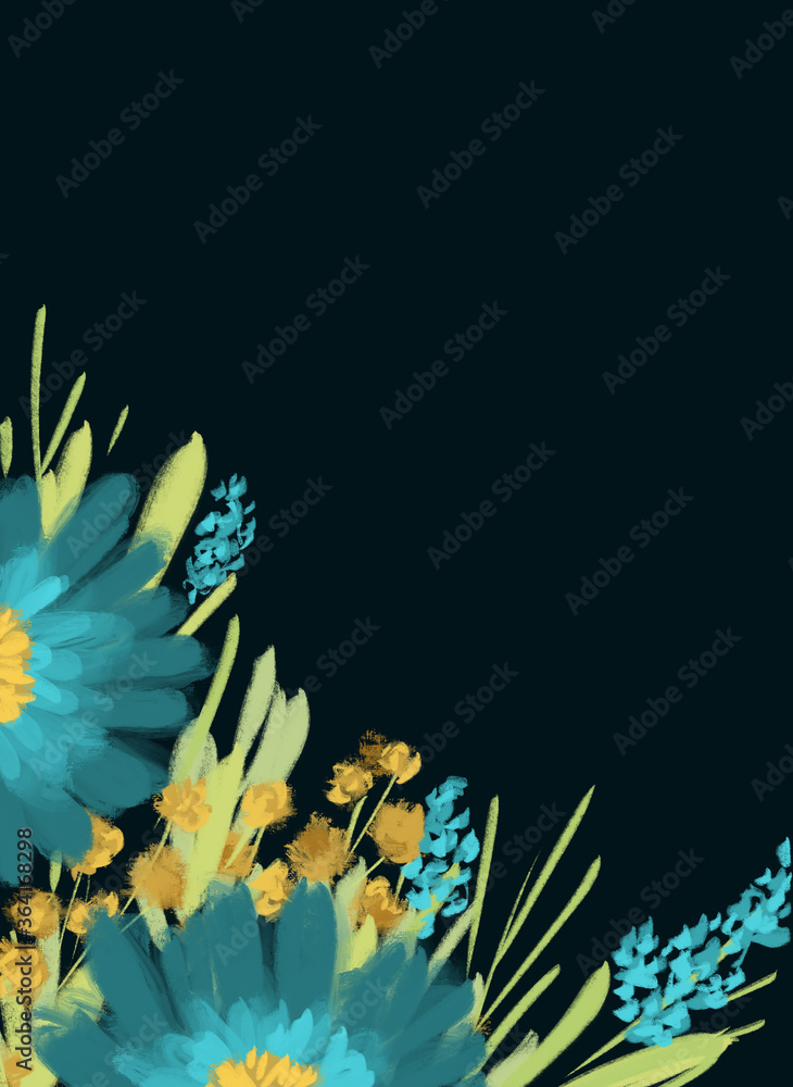 Floral corner illustration in teal and yellow botanical elements on dark background