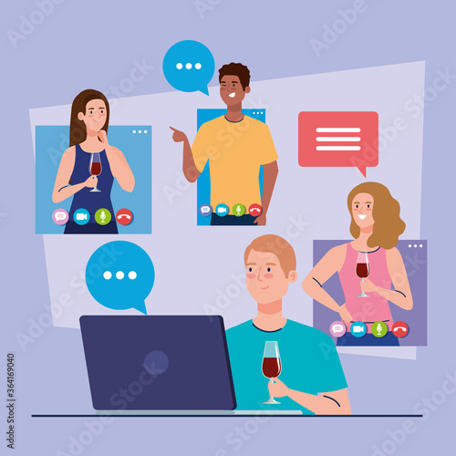online party, meeting friends, people have online party together in quarantine, party web camera online holiday vector illustration design