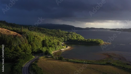 aerial footage of loch creran on the west coast of the argyll region of the scottish highlands on a summer evening during stormy weather photo