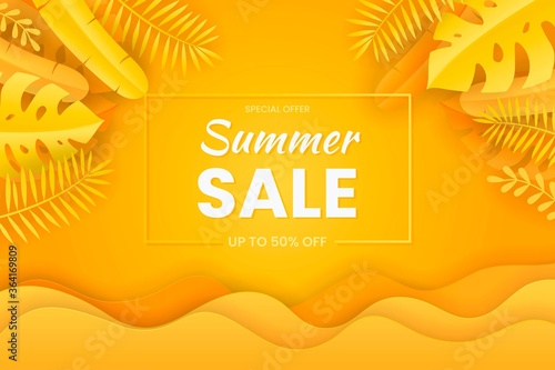 Summer sale background papers cut style with yellow tropical leaves
