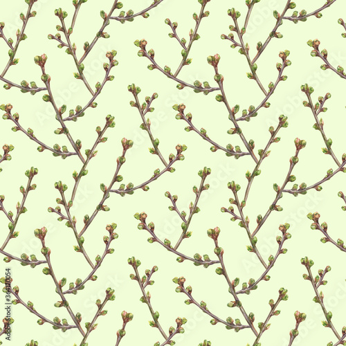 Watercolor floral seamless pattern with sprigs of cherries on yellow background. Delicate print for fabric, wallpaper or wrapping paper.
