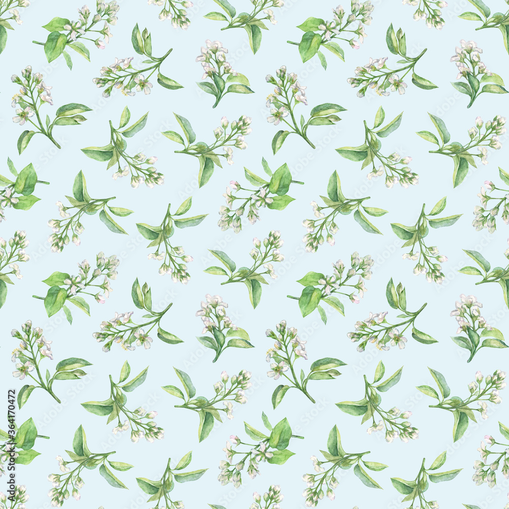 Watercolor seamless floral pattern with blooming twigs on light blue background.