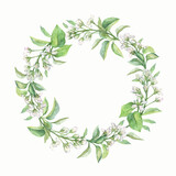 Watercolor wreath of blooming twigs. Floral banners and tags - for your design and scrapbooking.