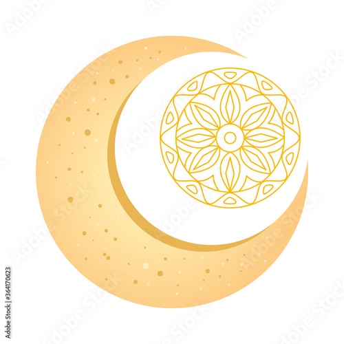 elegant ornament, round mandala and moon golden color, classic vintage vector illustration design