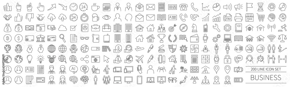 200 line icon set related to business