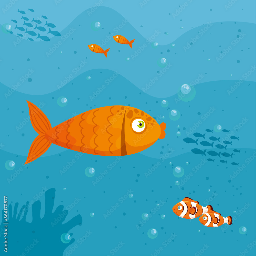 Naklejka premium fishes marine animals in ocean, seaworld dwellers, cute underwater creatures, undersea vector illustration design