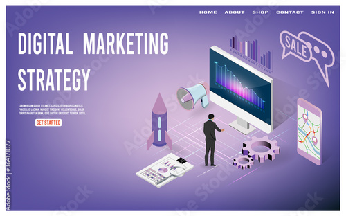 Digital marketing strategies modern isometric design concept. Advertising research, Analysis of content and Promotion. Landing page template. Vector illustration