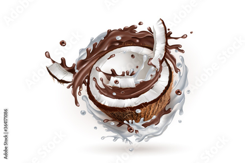 Sliced coconut in a milky and chocolate splash.
