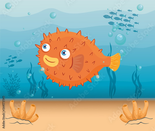 blowfish marine animal in ocean, seaworld dweller, cute underwater creature, undersea fauna