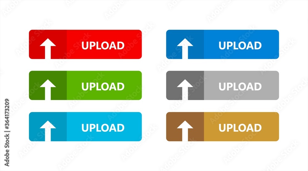 Multi-colored upload button set with upward arrow icon for website and app interfaces. Publishing button set in red, green, blue and brown colours. Multi-colored upload button set with upward arrow icon for website and app interfaces. Publishing button set in red, green, blue and brown colours.