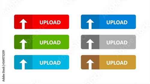 Multi-colored upload button set with upward arrow icon for website and app interfaces. Publishing button set in red, green, blue and brown colours.