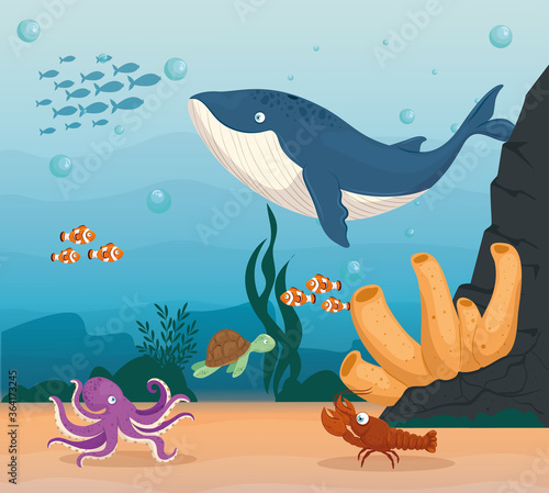 lobster and marine animals in ocean, seaworld dwellers, cute underwater creatures, undersea fauna