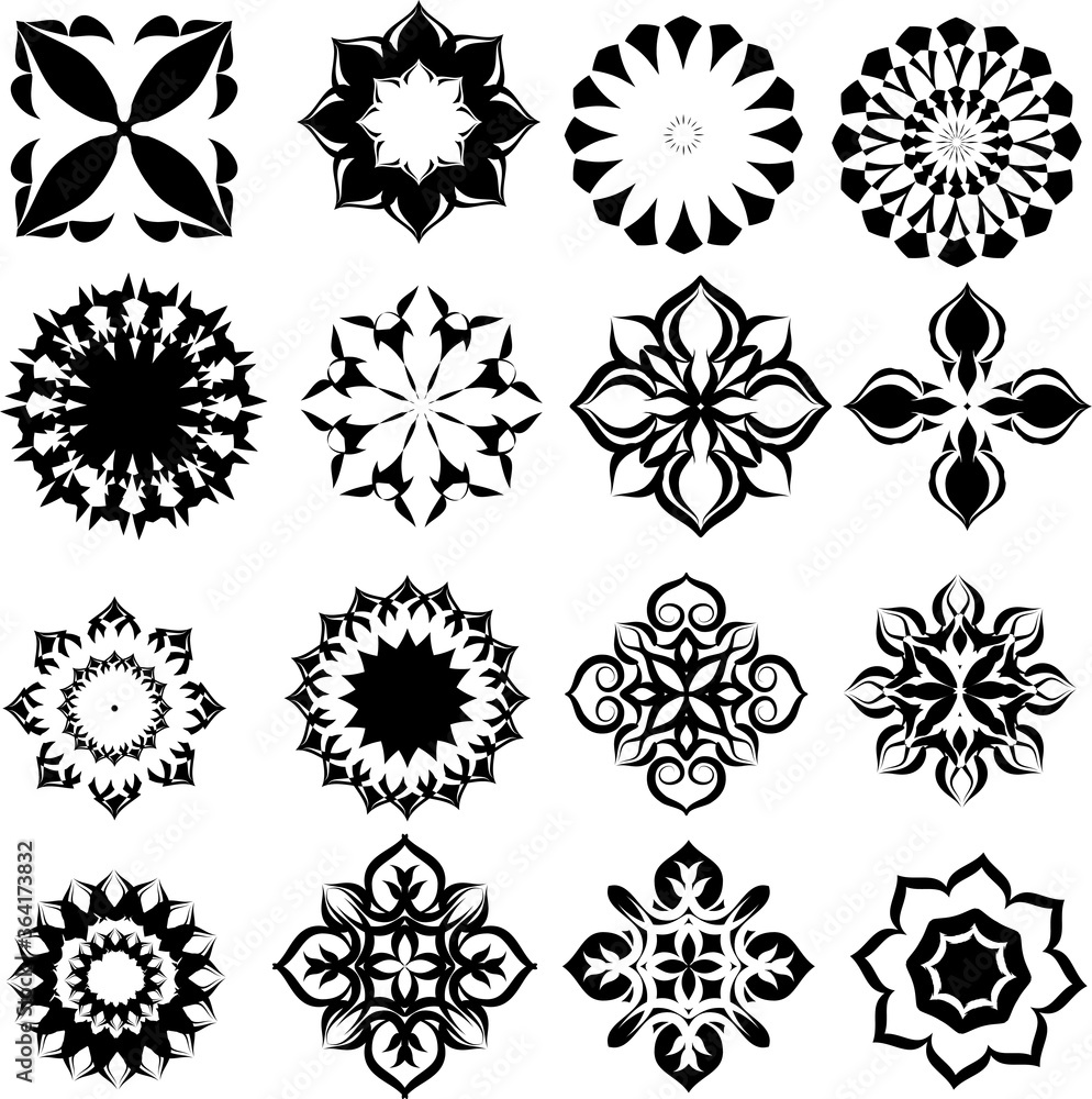 vector clip art of mandalas and flowers elements set in black color. vector clip art of mandalas and flowers elements set in black color.