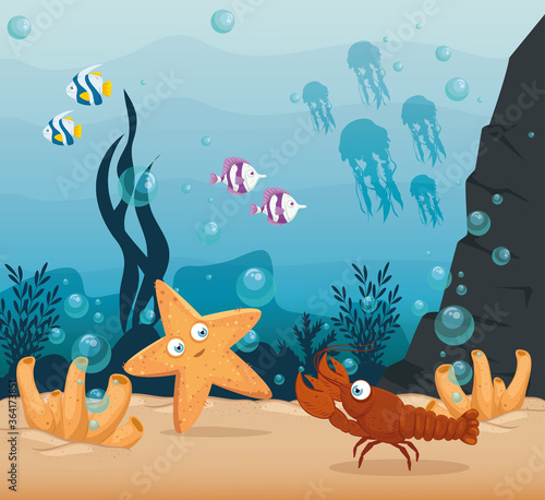 lobster and marine animals in ocean, seaworld dwellers, cute underwater creatures, undersea fauna