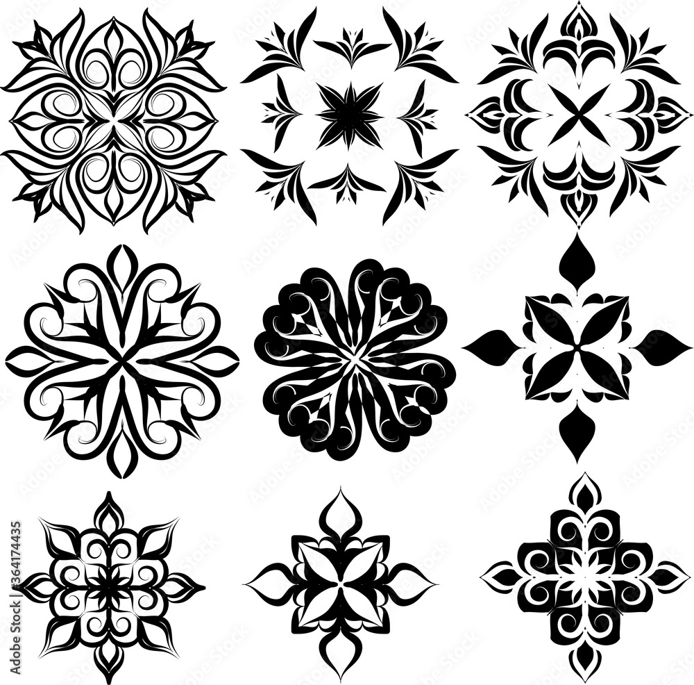 vector clip art of mandalas and flowers elements set in black color. vector clip art of mandalas and flowers elements set in black color.