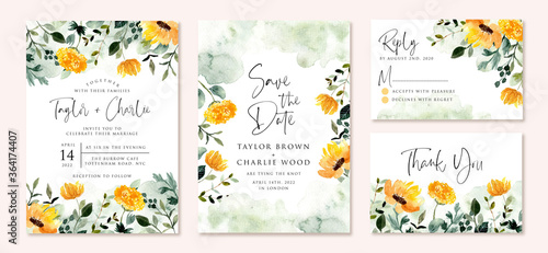 wedding invitation set with yellow green flower garden watercolor