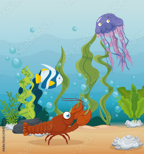 lobster and marine animals in ocean, seaworld dwellers, cute underwater creatures, undersea fauna