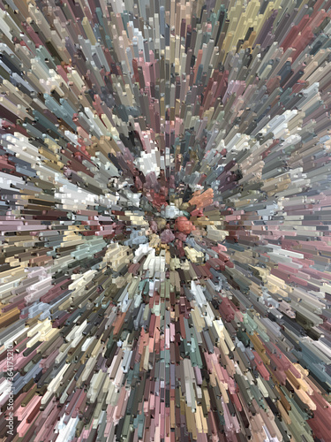 Explosive growth background, 3D rendering, exploding outward from center, view from top, minecraft effect, gathered together, densely populated blocks, explosion of pastel color rectangular prisms © Unique Creative Arts