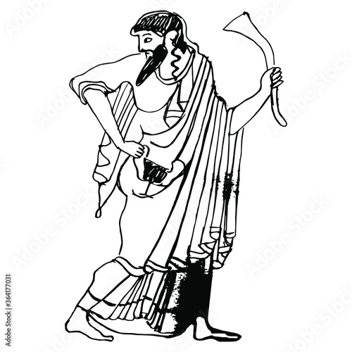 Ancient Greek god Dionysus with cup and rhyton of wine. Hand drawn linear doodle sink sketch. Black and white silhouette.
