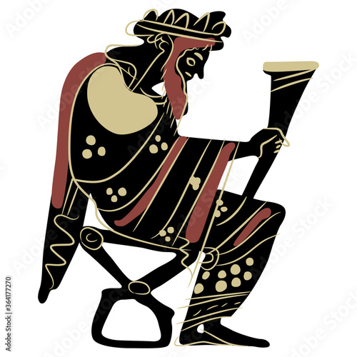 Ancient Greek god Dionysus sitting on throne holding rhyton of wine. Vase painting style. 