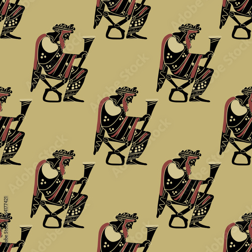 Seamless vintage pattern with silhouettes of ancient Greek god Dionysus holding rhyton of wine. Vase painting style. photo