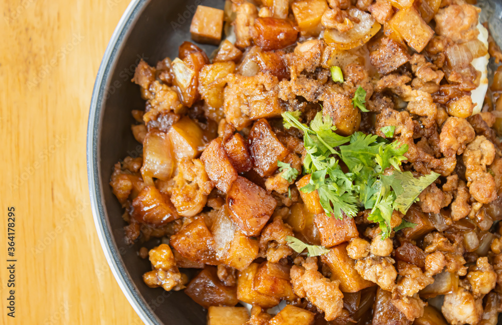 Stir Fried Pork with Onion and Garlic and Black Soy Sauce and Coriander Topping and Tofu with Natural Light on Right Frame and Flaylay View Stir Fried Pork with Onion and Garlic and Black Soy Sauce and Coriander Topping and Tofu with Natural Light on Right Frame and Flaylay View
