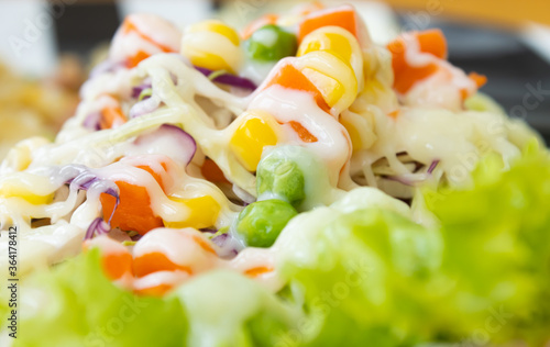 Vegan or Vegetarian Salad with Mayonnaise Topping in Close Up View include Carrot and Tomato and Corn and Cabbage and Peas and Lettuce