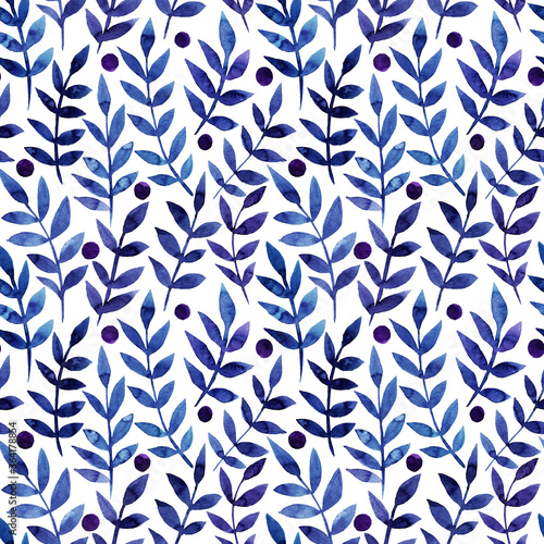 Seamless pattern with stylized leaves. Floral endless pattern filled with classic blue leaves. background for wallpaper, textile print. Watercolor hand drawn illustration on a white background.